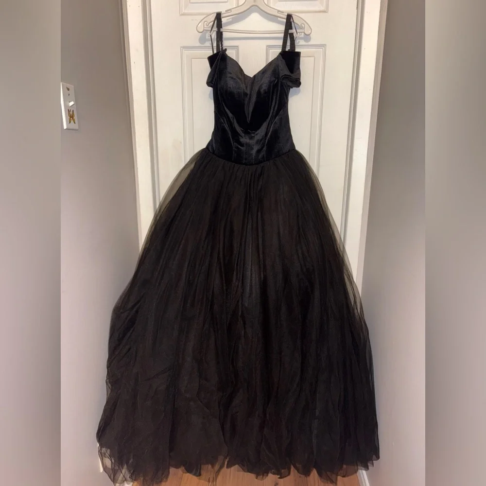 Black Velvet Princess Style Backless Prom Dress - Picture 5 of 14
